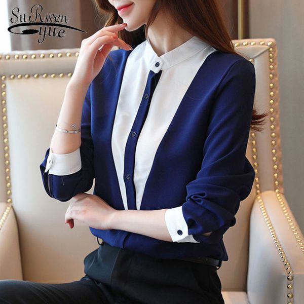 

long sleeve stand collar women casual slim clothing office ladies shirts fashion chiffon blouses 6378 50 210508, White