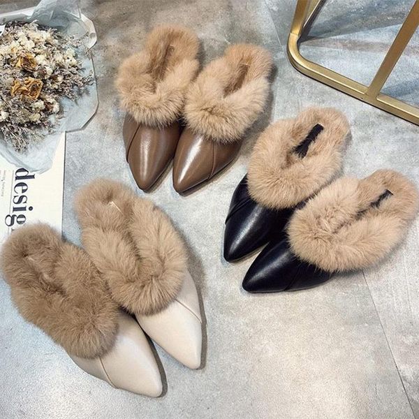 

women slippers ladies shoes winter mules fashion female slipper warm plush woman pointed toe fluffy autumn 2021, Black