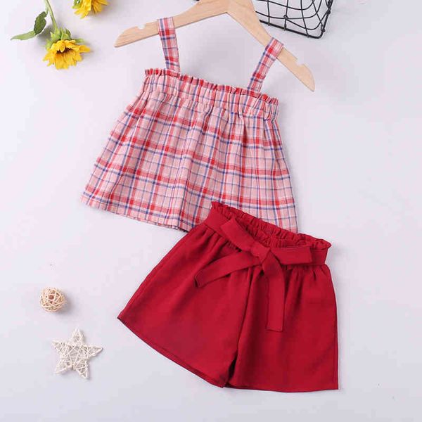 

girl's dresses clothing sets style summer plaid sling shorts 2pcs kid clothes girl for girls 7ohz, Red;yellow