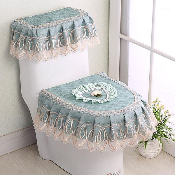 

toilet seat covers lace bathroom water tank cover pad set three-piece floral print closestool protector cushion1