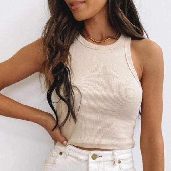 

women's tanks & camis women crop solid color casual simple style vest sleeveless ribbed slim fit tank woman clothes club streetwear s, White