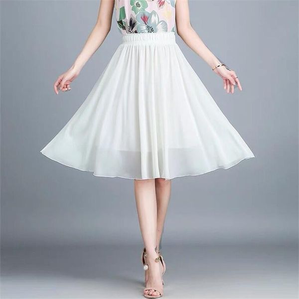 

women summer chiffion basic all-match skirts plus size ladies vintage high waist pleated m-7xl casual loose slim, Black