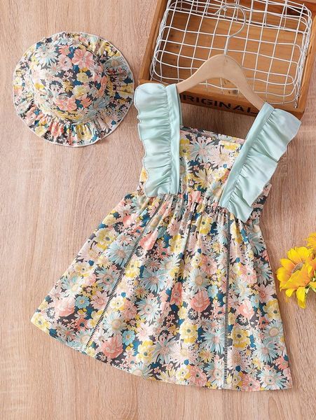 

toddler girls floral print ruffle trim dress with hat she, Red;yellow