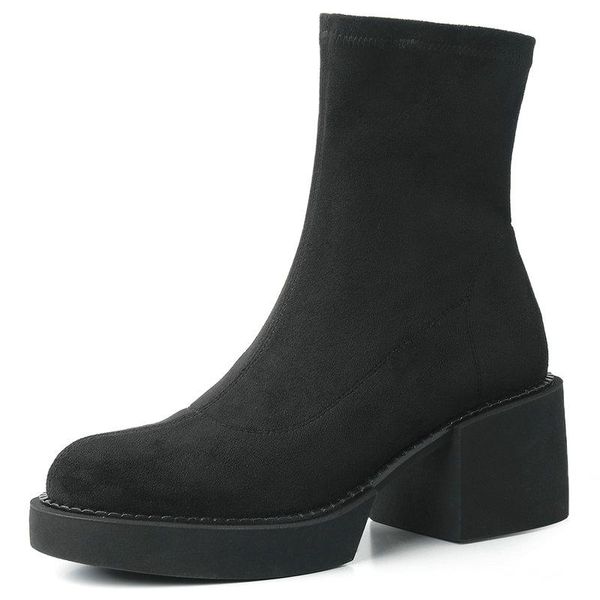 

boots 2021 women winter autumn genuine leather thick high heels platform ankle for round toe working basic shoes woman, Black