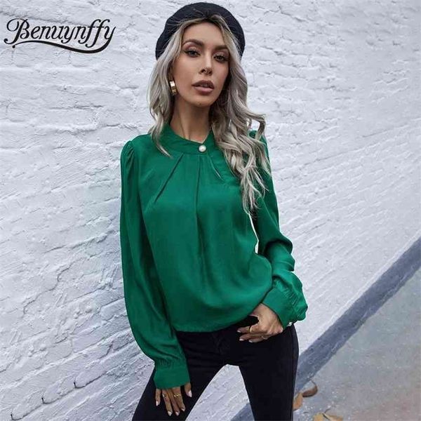 Suporte Botão de Pérola Botão Sólido Sólido Top Blusa Mulheres Spring Spruff Manga Longa Elegante Escritório Senhoras Tops e Blusas 210510