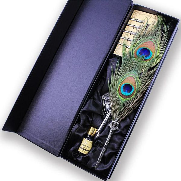 

antique quill feather dip pen writing ink set stationery gift box with 5 nib wedding fountain pens