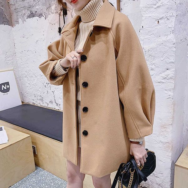 

korean women's woolen coat fashion jacket female autumn and winter solid color loose long section ladies fashion 210527, Black