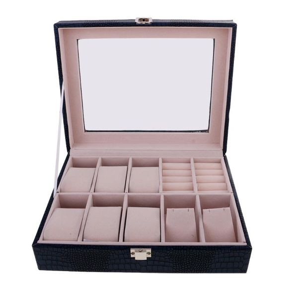 

watch boxes & cases wood box pu leather jewelry display storage case clear top, Black;blue