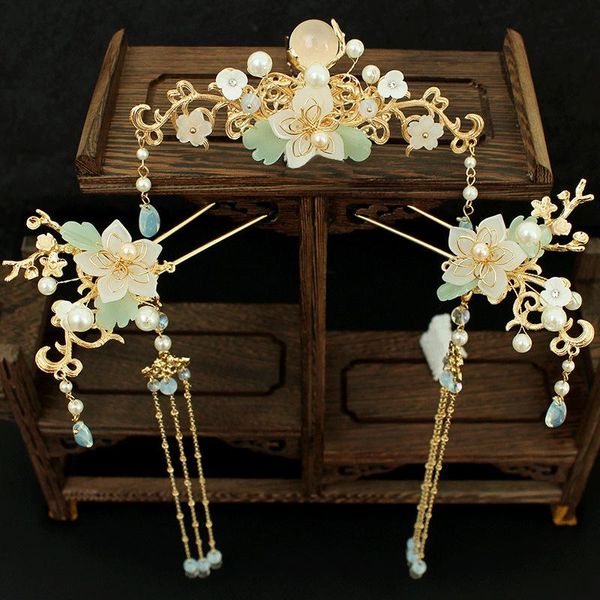 

hair clips & barrettes hanfu long tassel stick flower crystal pearl pins handmade jewelry, Golden;silver