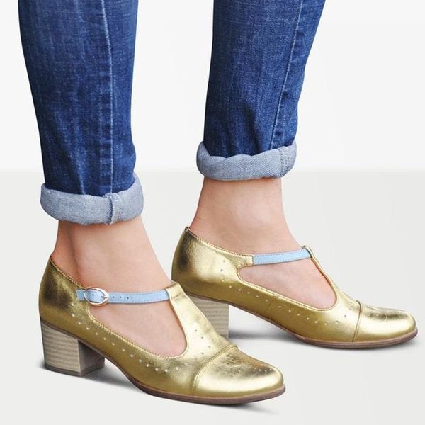 

sandals women's retro low thick heel gold round head solid fashion, Black