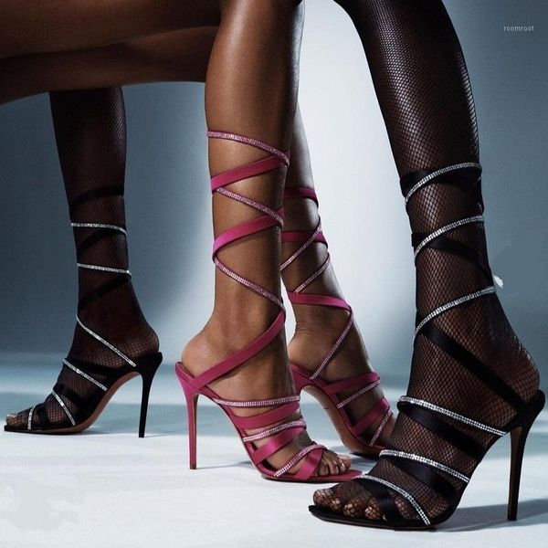 

sandals summer women satin high heels rhinestones cross strappy ladies open toe stiletto platform party shoes1, Black