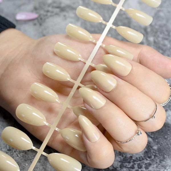 

pure color fake nails beige shiny press on diy manicure tips full wrap pointed many colors for choose 24pcs/kit1, Red;gold