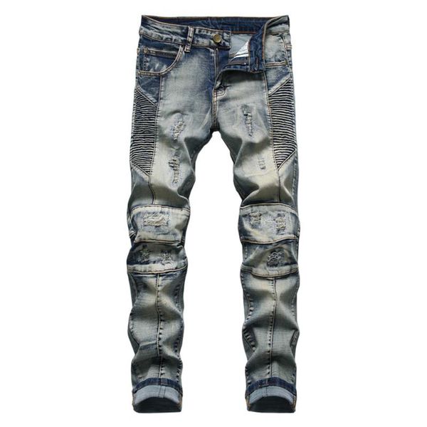 

men's patchwork ripped slim straight biker jeans for motorcycle streetwear vintage hole stretch denim pants trousers, Blue