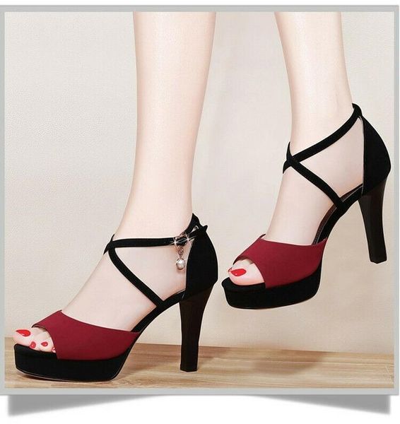 

dress shoes 2021 women's summer high fine-heeled buttoned pumps suede platforms ladies open toe flock office & career sandals, Black