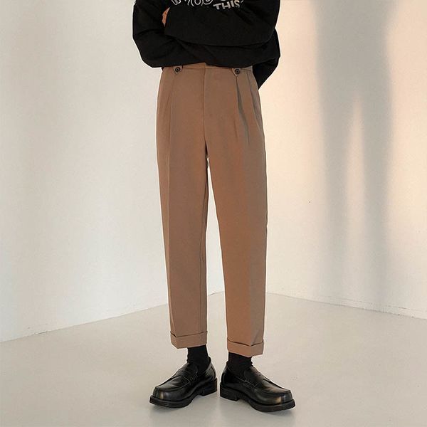 

men's pants simple tall belt cropped men's straight leg pants thin korean fashion fit with solid male suit basic office okyl, Black