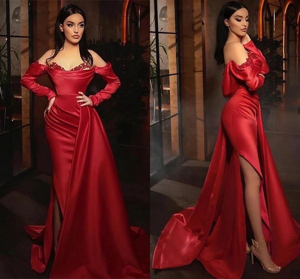

2022 unique red long mermaid evening bridesmaid dresses with sleeves satin ruched side slit lace beaded pleated pageant cocktail homecoming, Black;red