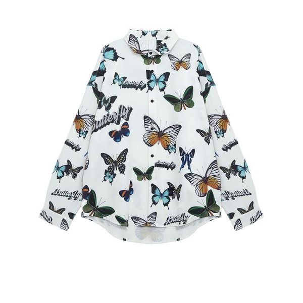 

men's casual shirts spring and summer oversized couple's shirt butterfly print long sleeve, White;black