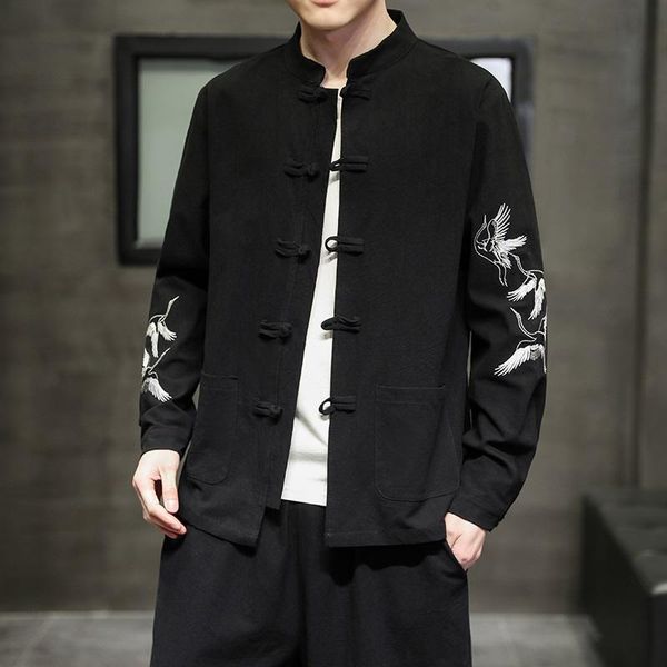 

ethnic clothing 2021 autumn men's chinese style cotton linen coat loose kimono solid embroidery outerwear jacket tang suit 30273, Red