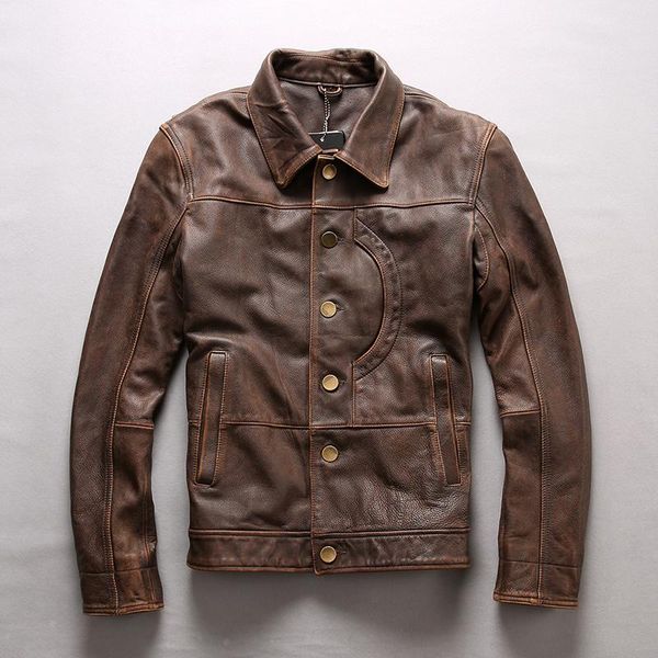 

men's leather & faux vintage thick cowhide jacket classic 100% genuine motorcycle rider jackets male brand designer large size coat, Black