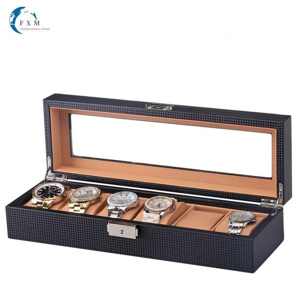 

watch boxes & cases 6/12 grid display box black carbon fiber design with glass organizer wood leather pillow luxury case, Black;blue