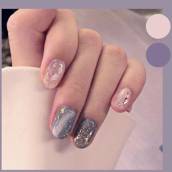 

false nails 24pcs full cover fake detachable wearable manicure grey blue glitter opal nail tips stick on art design, Red;gold