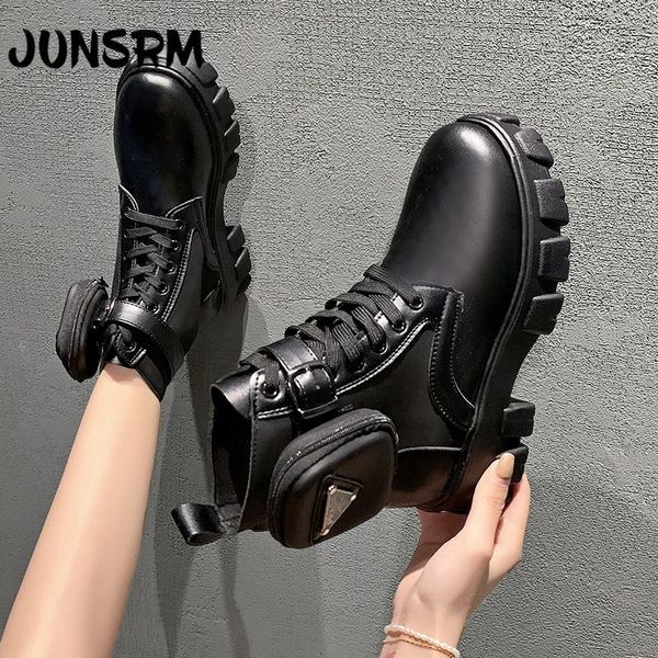 

boots junsrm autumn winter women's thick-soled leather casual fashion lace-up high 2021, Black