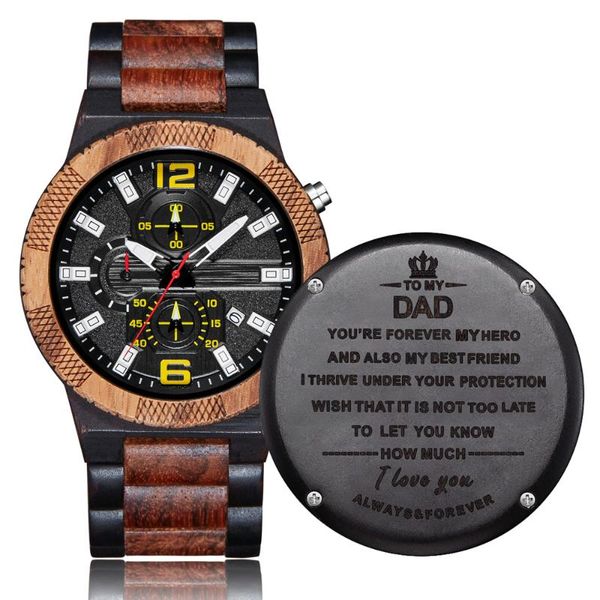 

wristwatches to boyfriend/husband/son/dad customize carve fashion natural wooden wrist watch men luminous hands calendar business luxury gif, Slivery;brown