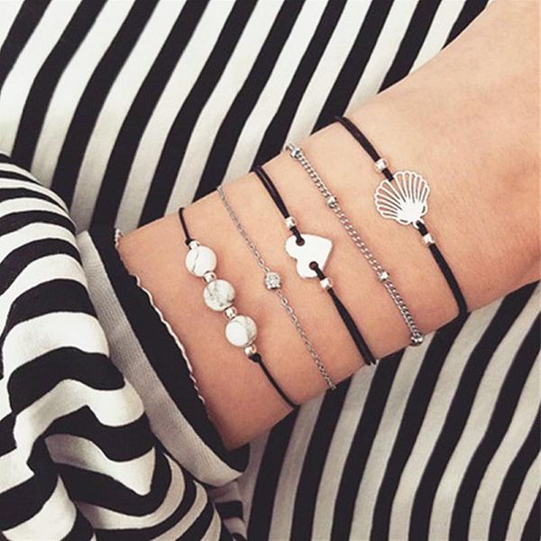 

5pcs/set heart bracelet set for women girl bohemian shell beads bracelets bangles female fashion woven jewelry gifts link, chain, Black
