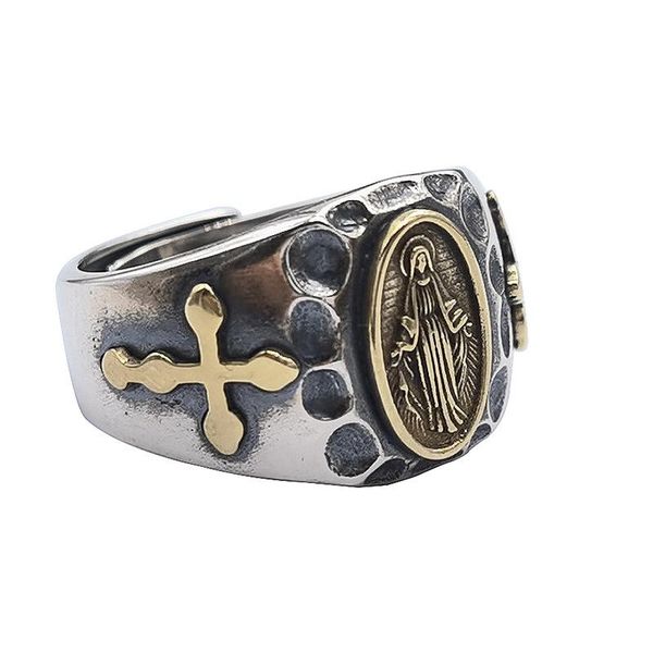 

cluster rings bocai real s925 pure silver jewelry vintage craftsmanship golden cross maria open ring hammered men and women, Golden;silver
