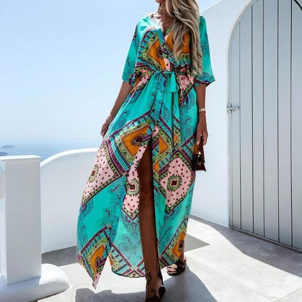 

casual dresses women dress 2021 maxi party fashion print v neck summer high split lace-up boho beachwear, Black;gray