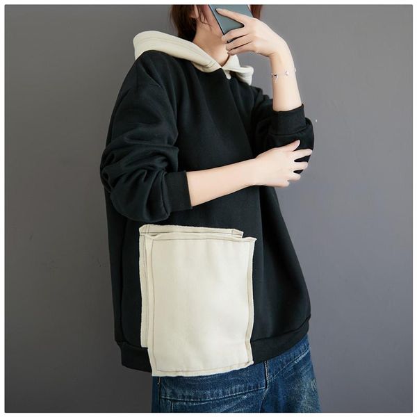 

women's hoodies & sweatshirts johnature 2021 spring casual korean hooded collar patchwork loose pullover thicken warm women, Black