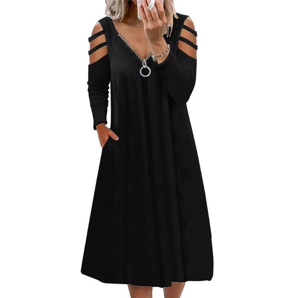 

casual dresses long sleeve zipper v-neck off shoulder midi dress women autumn winter solid color loose pocket a-line vestidos bx21069, Black;gray