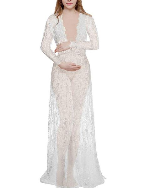 

maternity dresses skirt lace v-neck hollow out for po shoot pregnant woman clothes long-length pography props, White