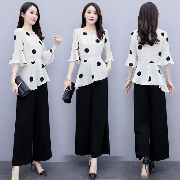 

women's tracksuits women polka dots suits summer two piece sets outfits lady wide leg pant elegant petal sleeve blouse set, Gray