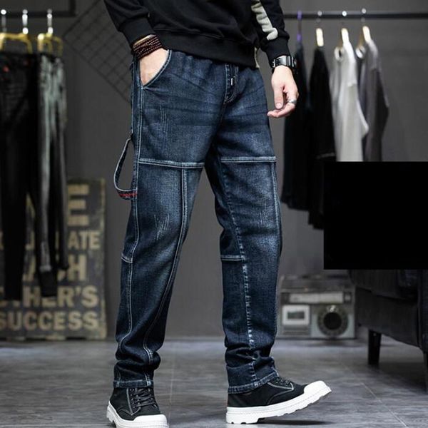 

men's jeans hiphop baggy denim cargo pants loose leisure men clothing trousers mens bottoms 4xl, Blue