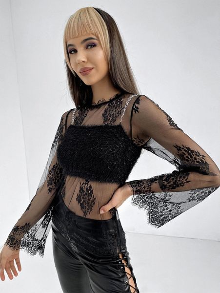 

frilled neck sheer lace without camisole w2ho#, White