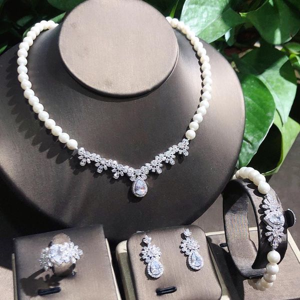 

earrings & necklace tirim pearl jewelry sets for women cubic zirconia set party engagement accessorie drop s dubai, Silver