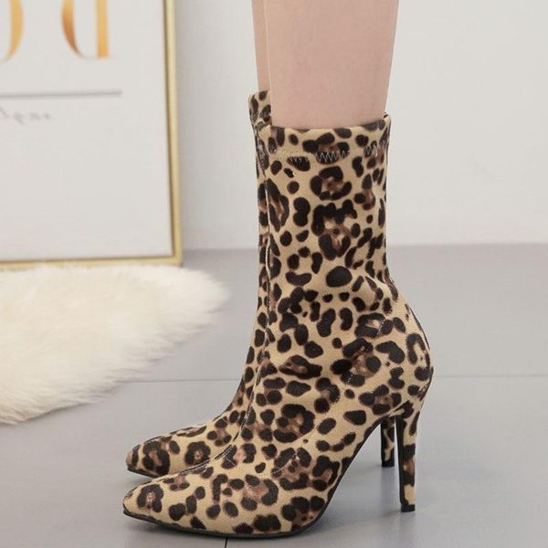 

2021 women's short boots stretch leopard boots women mid-calf boot winter shoes female high heels shoes ladies pointed toe 1, Black