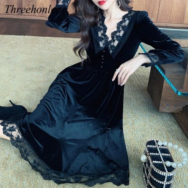 

casual dresses spring 2021 vintage dress for women long sleeve midi elegant velvet high waist korean party vestidos, Black;gray