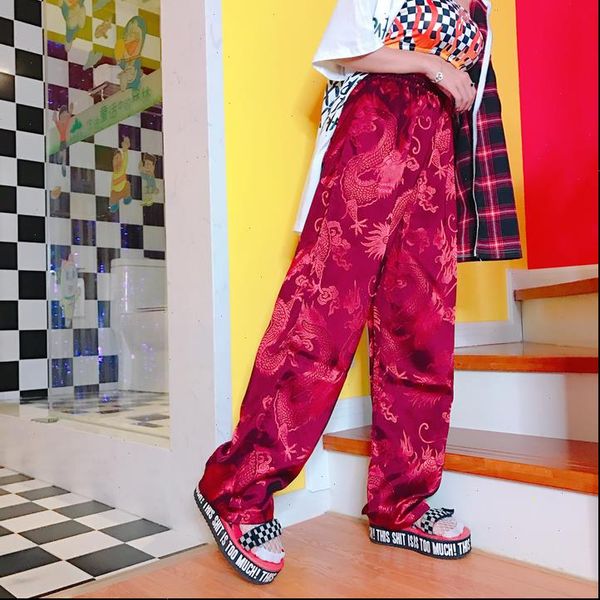 

chinese womens capris style phoenix dragon embroidery satin wide leg pants hiphop loose pantalon femme trousers punk bottom elastic waist, Black;white