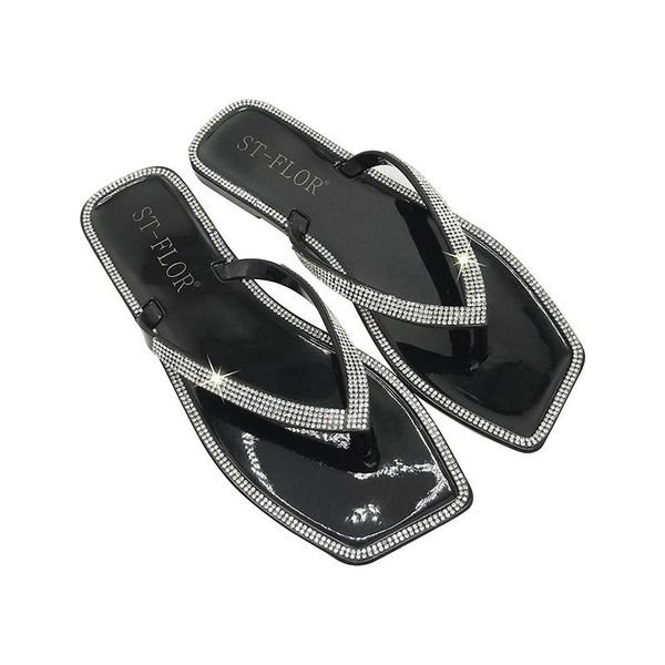 

slippers 2021 summer rhinestone square head transparent jelly flip-flop women sandles pvc beach open-toed outdoor slides, Black