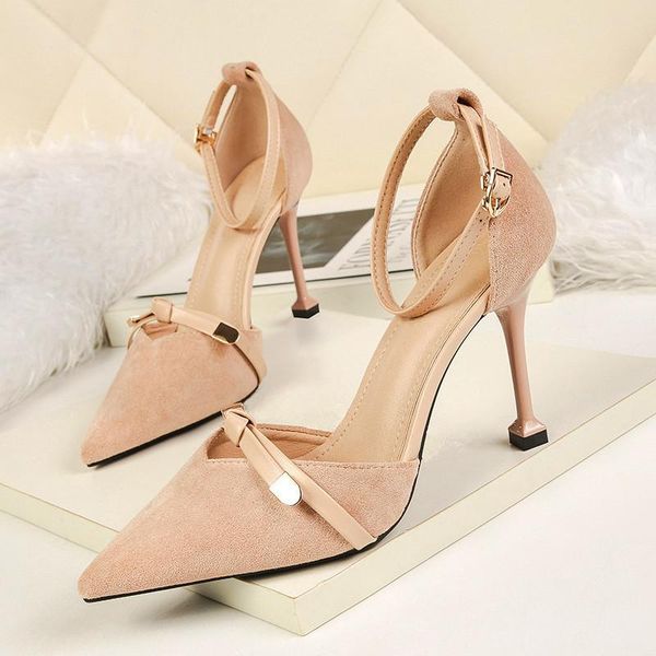 

soft flock lady office shoes 2021 women pointed toe sweet leather bowknot sandals shallow buckle women's high heels party, Black