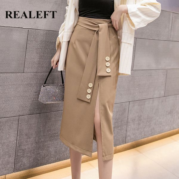 Klassische Side Split Midi Röcke Herbst Winter Koreanische OL Stil Taste Schärpen Patchwork Elegante A-Linie 210428