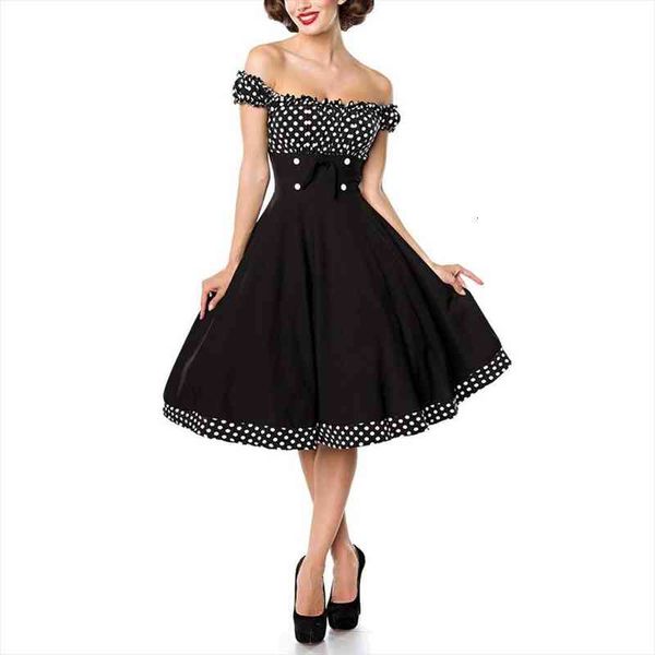

summer plus size 3xl women vestido polka dot printed off shoulder a line rockabilly vintage party dress, Black;gray