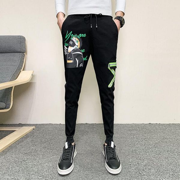 

fashion 2021 spring summer men casual joggers harem pants korean slim fit streetwear hip hop stretched reflective trousers 34-28 men's, Black