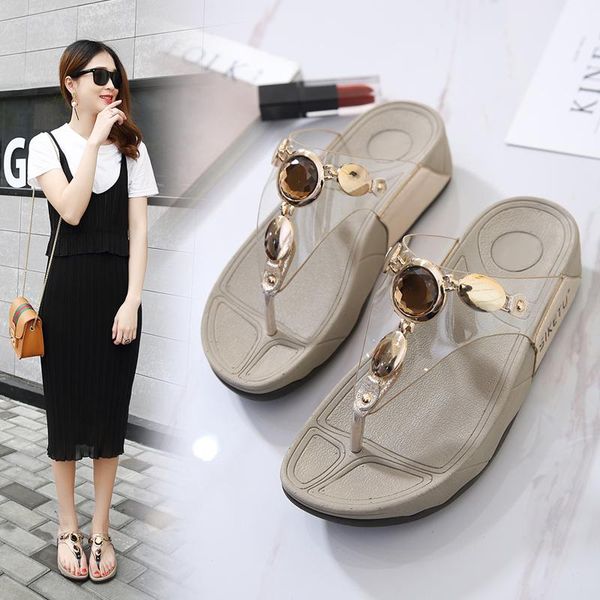 

slippers beach shoes wedge platform women's summer flip-flops anti-slip sandals fashion letter pu crystal, Black