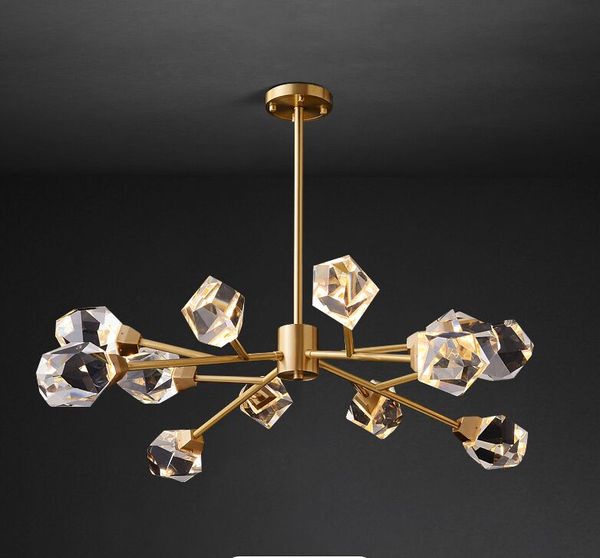 Lampadario moderno in oro per soggiorno Sala da pranzo Lampada a sospensione a forma di diamante con illuminazione a LED in ottone e rame