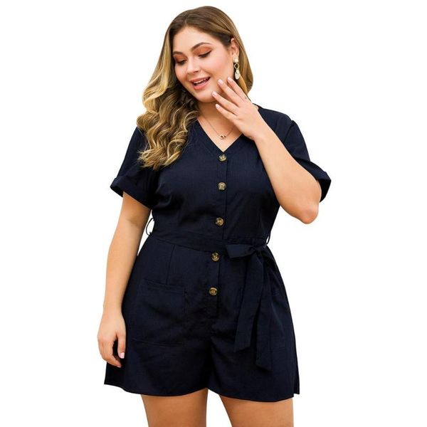 

women's jumpsuits & rompers summer bodysuits playsuits plus size v-neck short sleeve belt overalls jumpsuit casual button wide-leg, Black;white