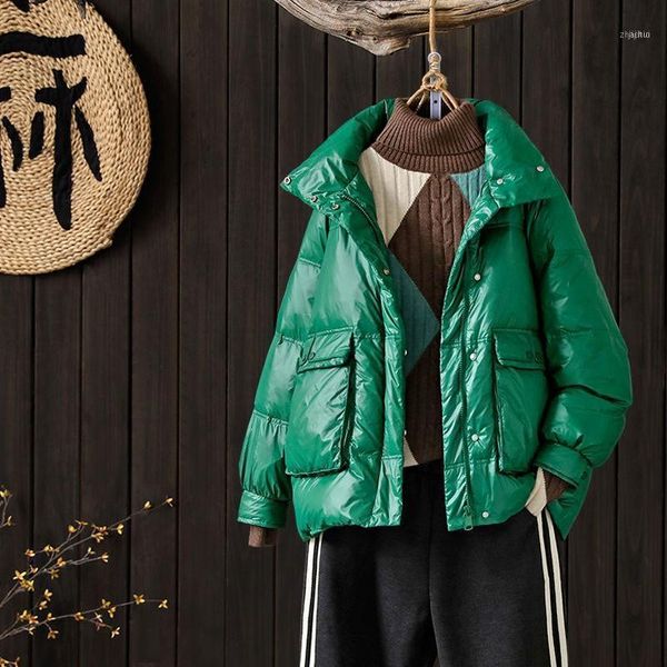 

winter arts style women stand collar loose white duck down jacket all-matched casual thicken warm double pocket short coat m2591, Black