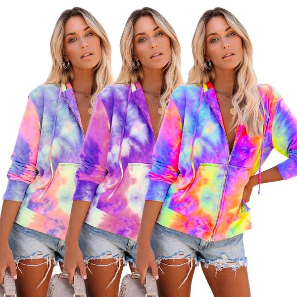 

women's jackets fashion casual women autumn winter zip up hoodie tie dye print long sleeve loose drawstring pockets coats clothes, Black;brown
